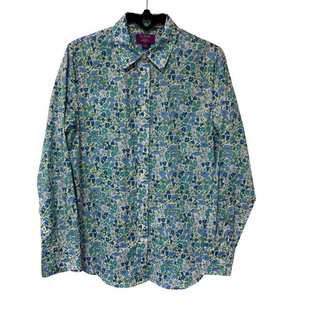 Liberty Fabric J. Crew Blue Green Floral Cotton Long Sleeve Button Up Top Size 4